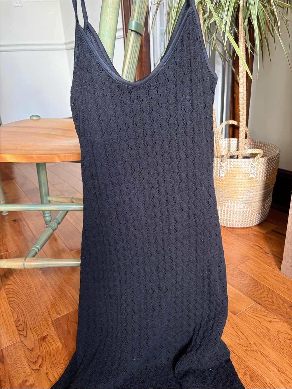 Women's Black Knit Maxi Slip Dress with Spaghetti Straps